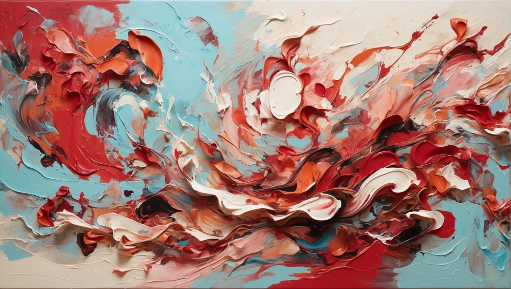 An abstract artwork, completed by AI, done in the style of heavy appliqué oil, intending to showcase the feeling of "restlessness". Deep reds swirl among stained white and light blue, evoking a sense of motion and chaos, with hope.