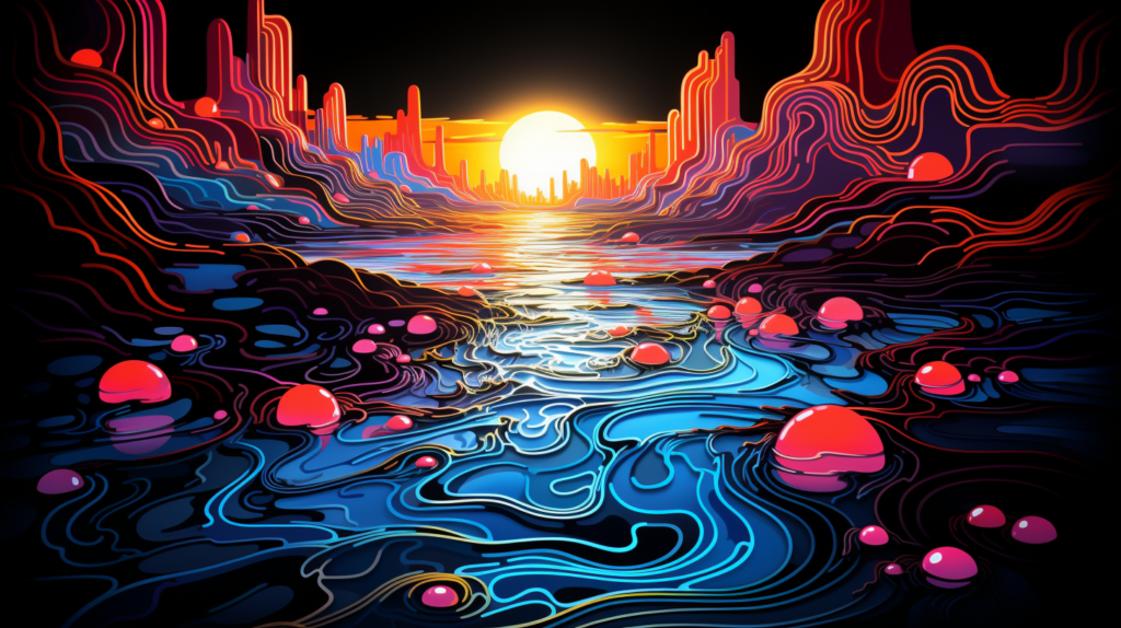 "The Ripple, in fluorescent neon and hand drawn" courtesy of MidJourney