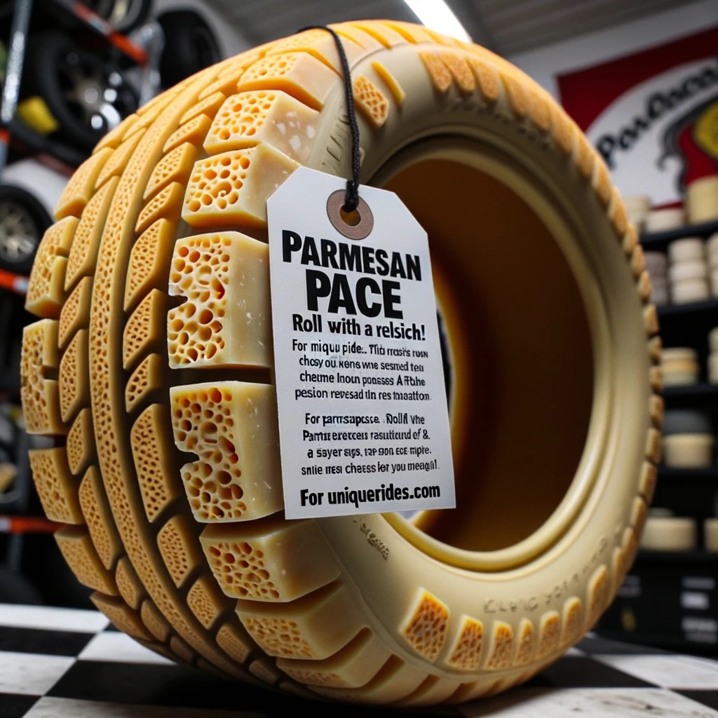 A striking image of a car tire, transformed into a cheesy facsimile of Parmesan cheese, with a detailed and textured surface that closely mimics the appearance of the actual cheese. The tire sits in a garage, against a backdrop of car tires, underscoring the playful and creative reinterpretation of everyday items. A tag labeled 'PARMESAN PACE' adds a whimsical touch, inviting viewers to 'Roll with a relish!' and directing them to 'uniquerides.com' for more such inventive creations. This image is being used to demonstrate the effectiveness of ChatGPT+ at generating Alt Tags based on an image source.