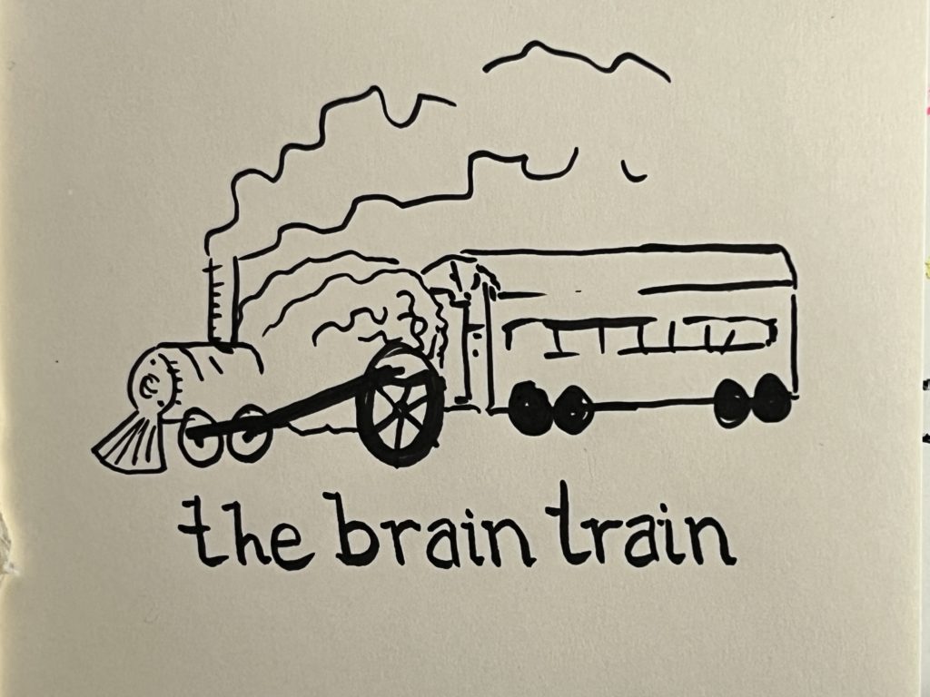 Simplified black ink drawing of a whimsical brain-shaped train with smoke plumes, labeled 'the brain train', metaphorically representing the journey of 'overcoming perfectionism' through creative thought and mental processing.