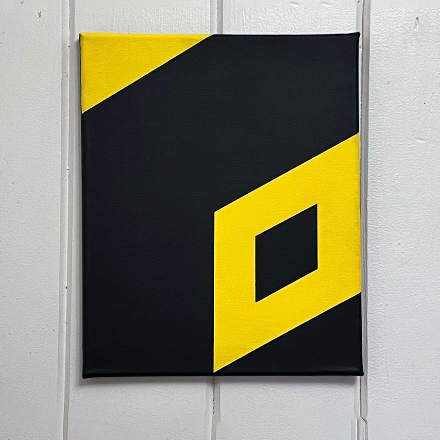 Abstract painting titled "Depth," showcasing a series of yellow geometric shapes on a black canvas, conveying a three-dimensional effect.