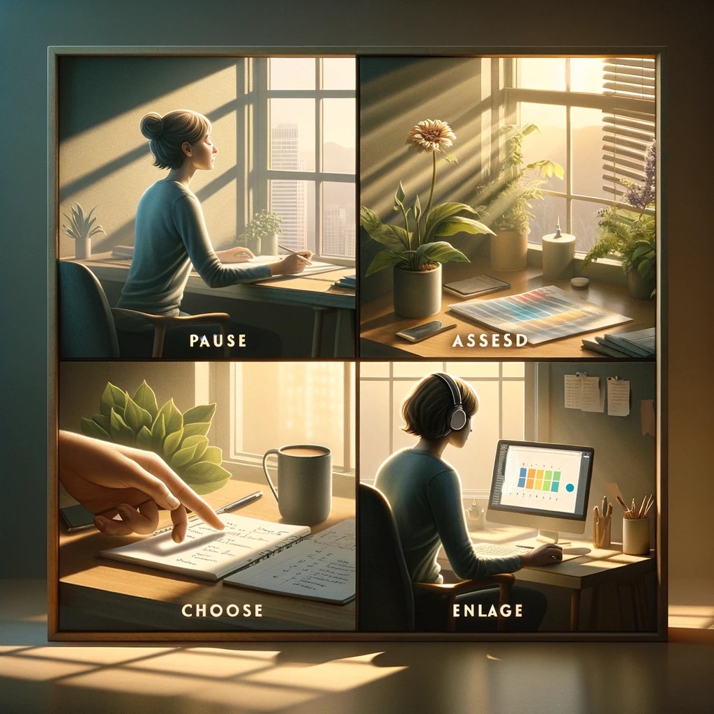 An AI-generated image depicting the four stages of the PACE method: pause, asses, choose, engage